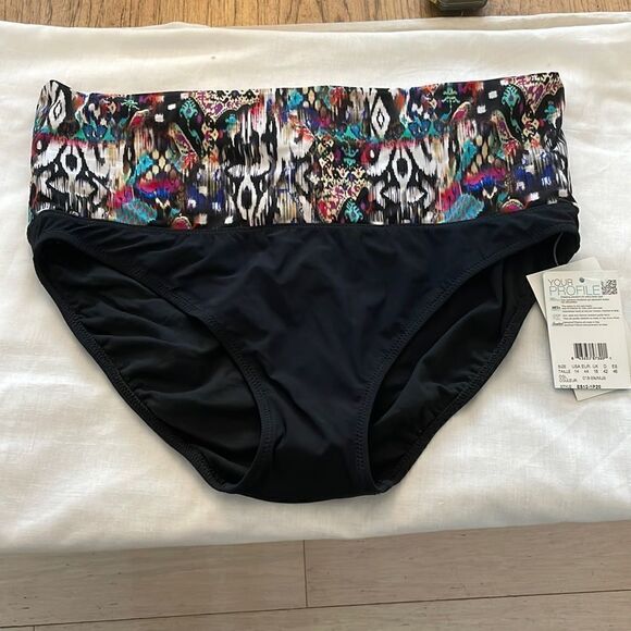 PROFILE BY GOTTEX BLACK BIKINI BOTTOM.  MULTICOLOR FOLDOVER WAIST. NEW W… - Picture 3 of 7